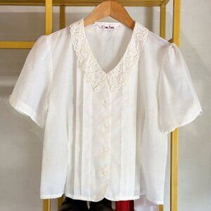 White Lace Peter Pan Collar Puff Sleeve Button Down Vintage Blouse Top